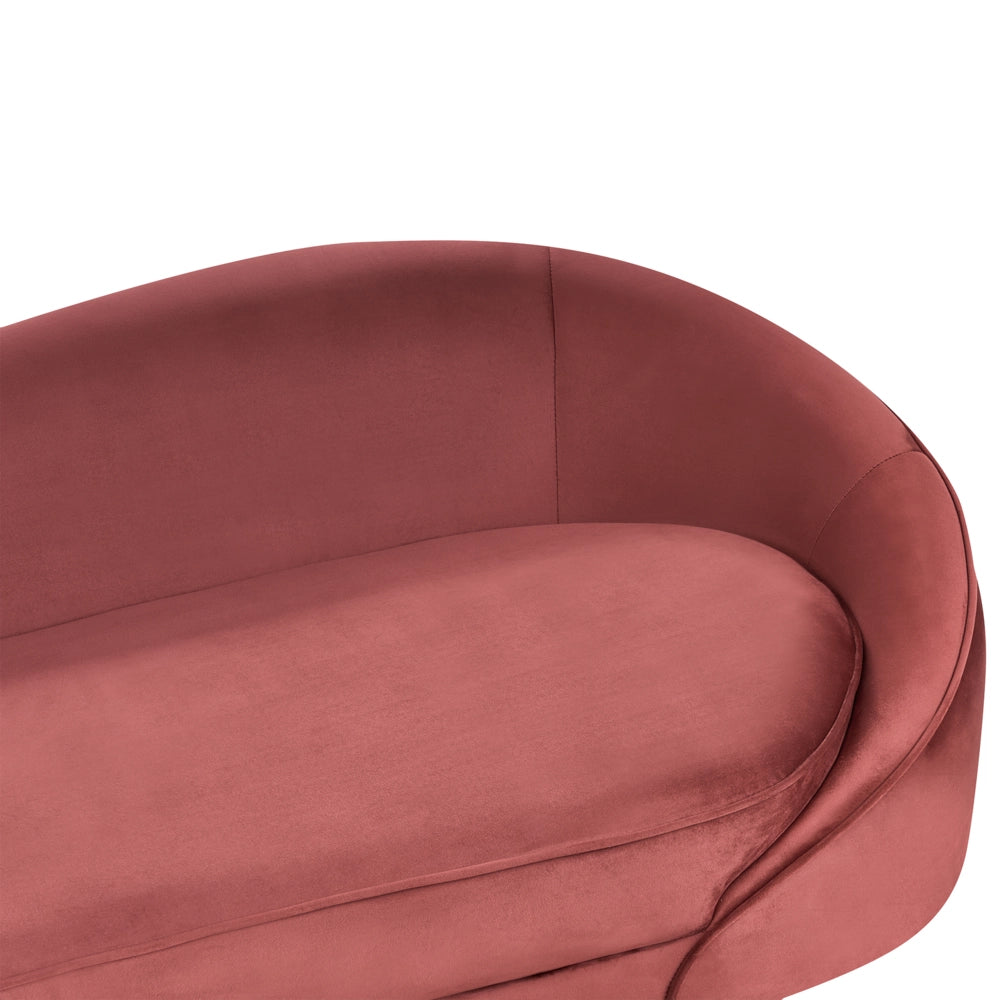 Divano tessuto bouclè rosso glamour curvo in stile retrò a 3 posti con gambe metallo dorato