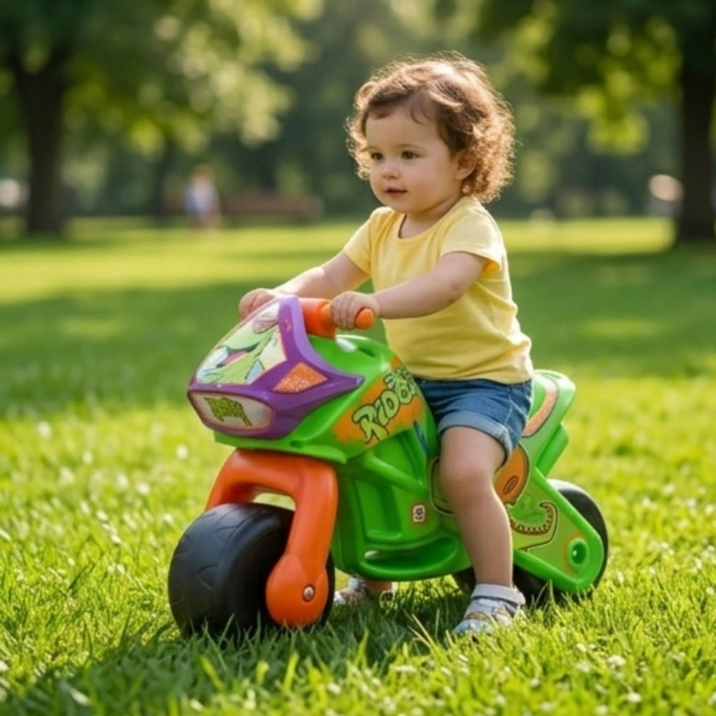 Moto Cavalcabile per Bambini Twin Dessert Dino Senza Pedali Verde e Arancione