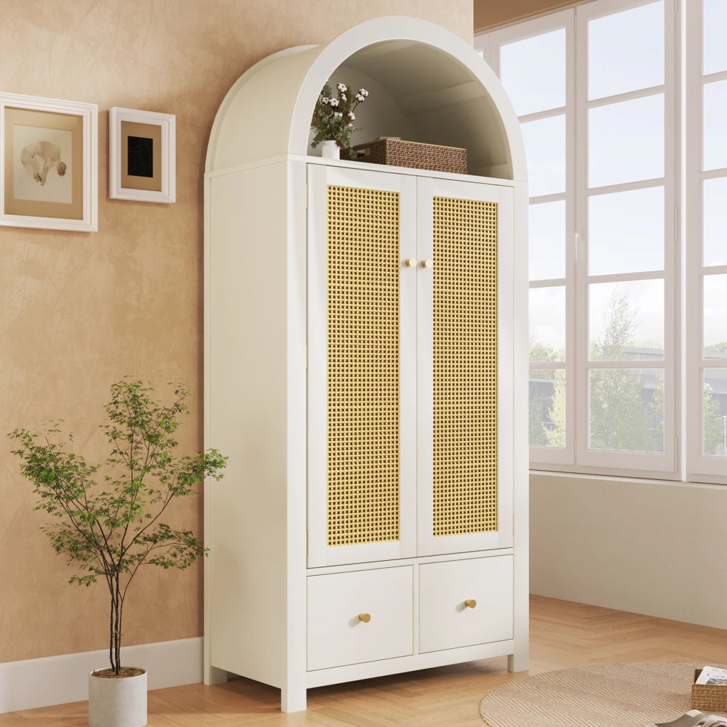 ARMADIO 181x78x45 cm con frontali in rattan, bianco, 2 cassetti