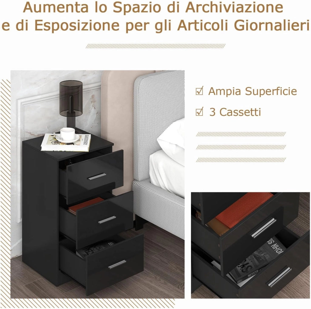 Comodino Camera da Letto 37 x 34 x 66,5cm, Cassettiera in Legno Moderno con 3 Cassetti, Mobile Salvaspazio per Soggiorno, Ufficio e Camerretta (1, Nero)