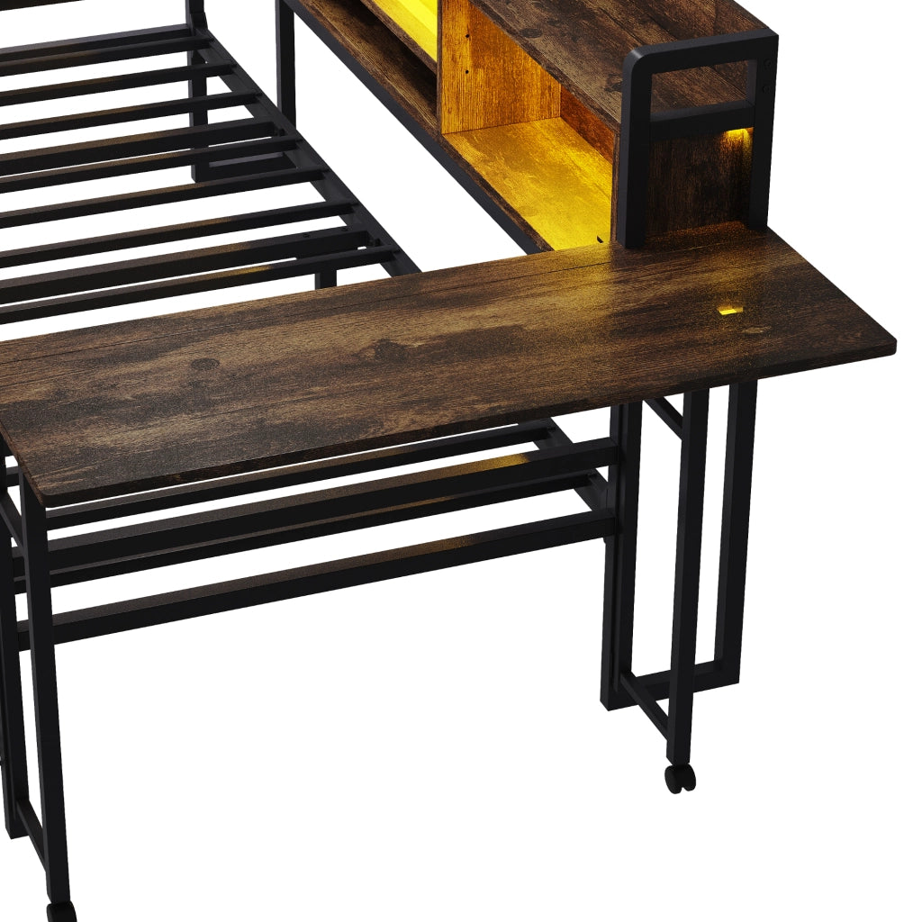 Letto Singolo con LED, Cassetti e Scrivania ¨C MINIMAL ¨C Metallo, 90x200, Legno