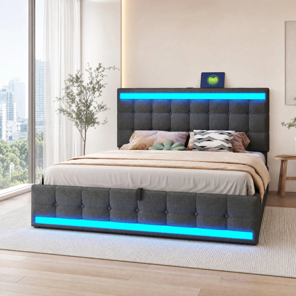 Letto imbottito 180x200 cm grigio con LED RGB e USB