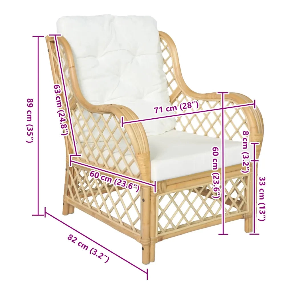 Poltrona | Sedia Relax con Cuscino in Rattan Naturale e Lino