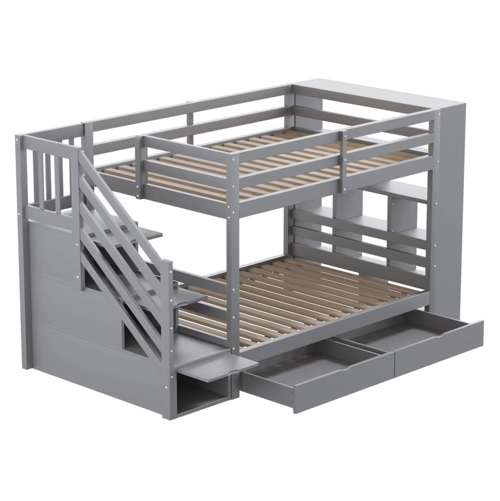 Letto a castello ULEVR 90x200 cm grigio con scala contenitore, 2 cassetti e vano laterale