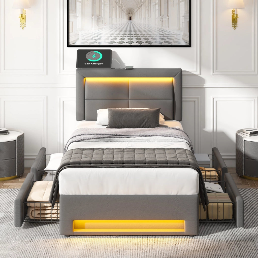 OKWISH Letto Bambino 90×190 cm, Letto Singolo con USB, Ricarica Wireless, LED Regolabile e 4 Cassetti, senza Materasso, in PU, Grigio