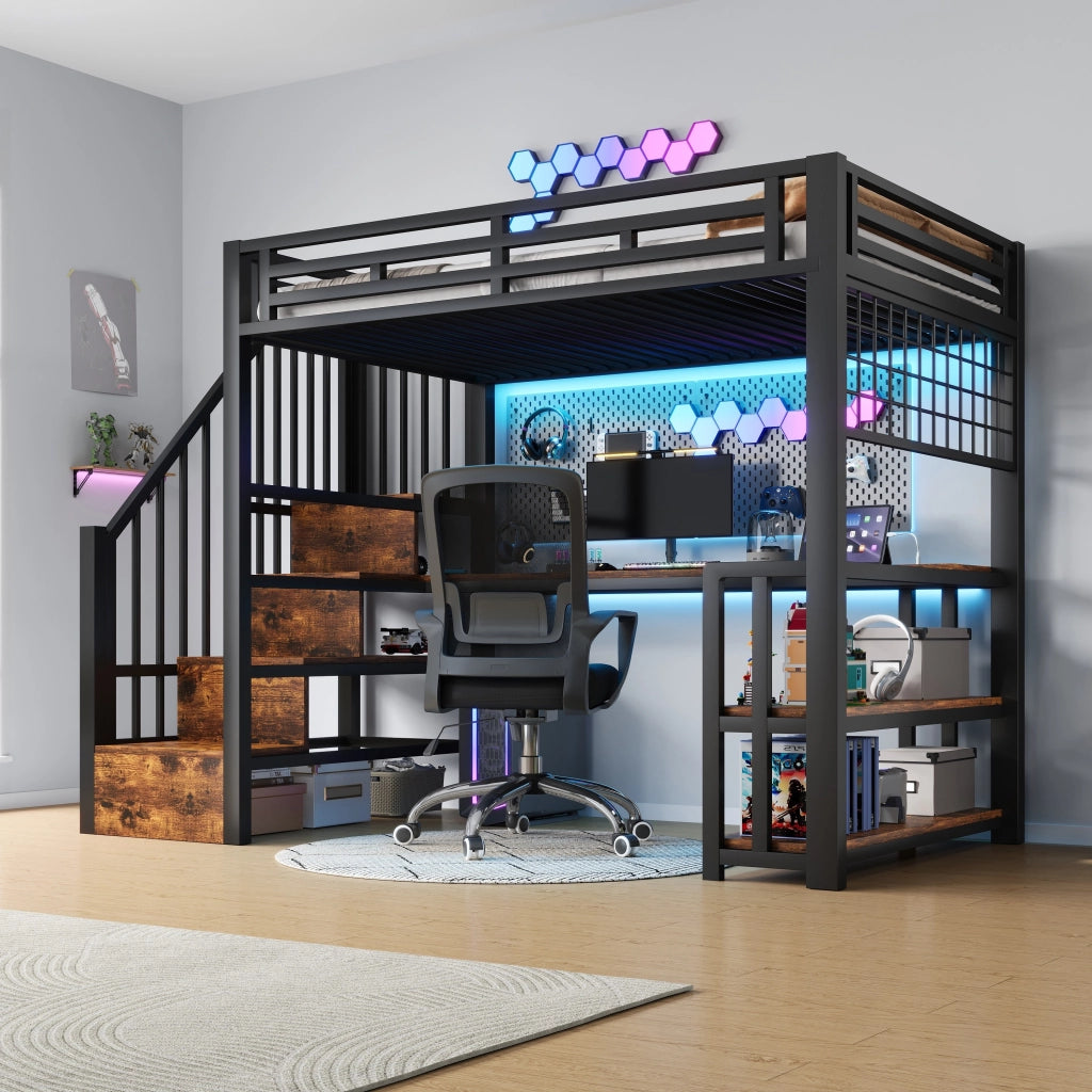 Letto a castello con scrivania LED USB 90x200 metallo nero
