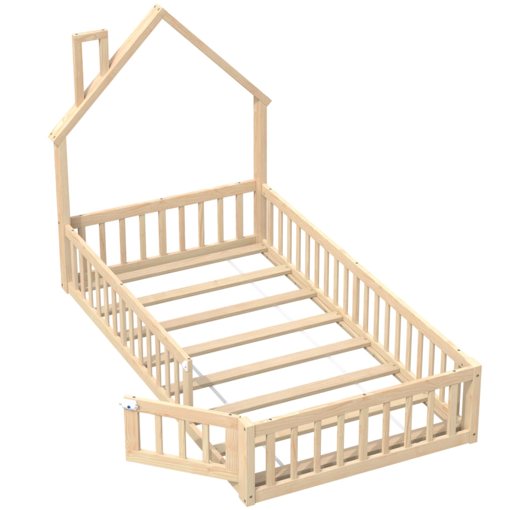 Letto a casetta 90x200 cm con design a camino e sponde in pino e MDF colore naturale