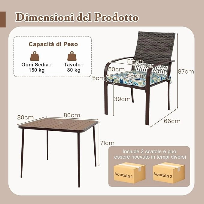 Set 5 Pezzi Tavolo e Sedie da Esterno, Tavolo Quadtato con Piano in Legno Plastica e Foroe per Ombrellone e 4 Poltrone in Rattan con Cuscini, Mobile per Giardino, Terrazza e Bordo Piscina