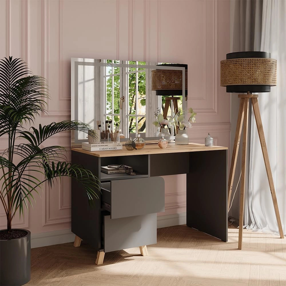 Tavolo da toeletta Karen, Antracite/Artisan, 110 cm con specchio a LED, Materiali robusti per un utilizzo duraturo