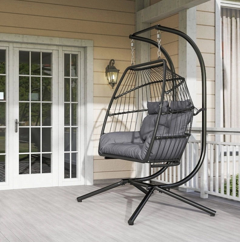 Sedia sospesa a 2 posti pieghevole in rattan; 170 x 100 x 185 cm; grigio scuro