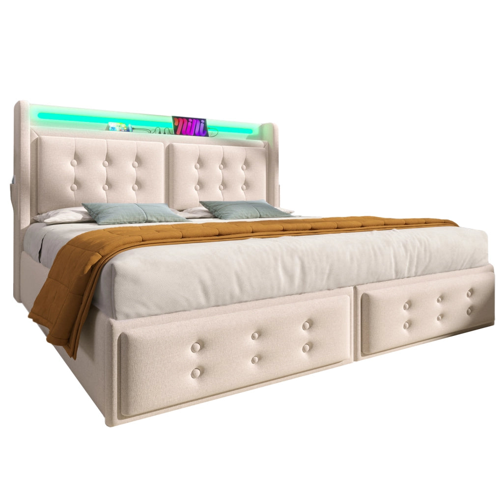 Letto imbottito 140x200 cm beige cotone e lino, LED USB C con contenitore, senza materasso