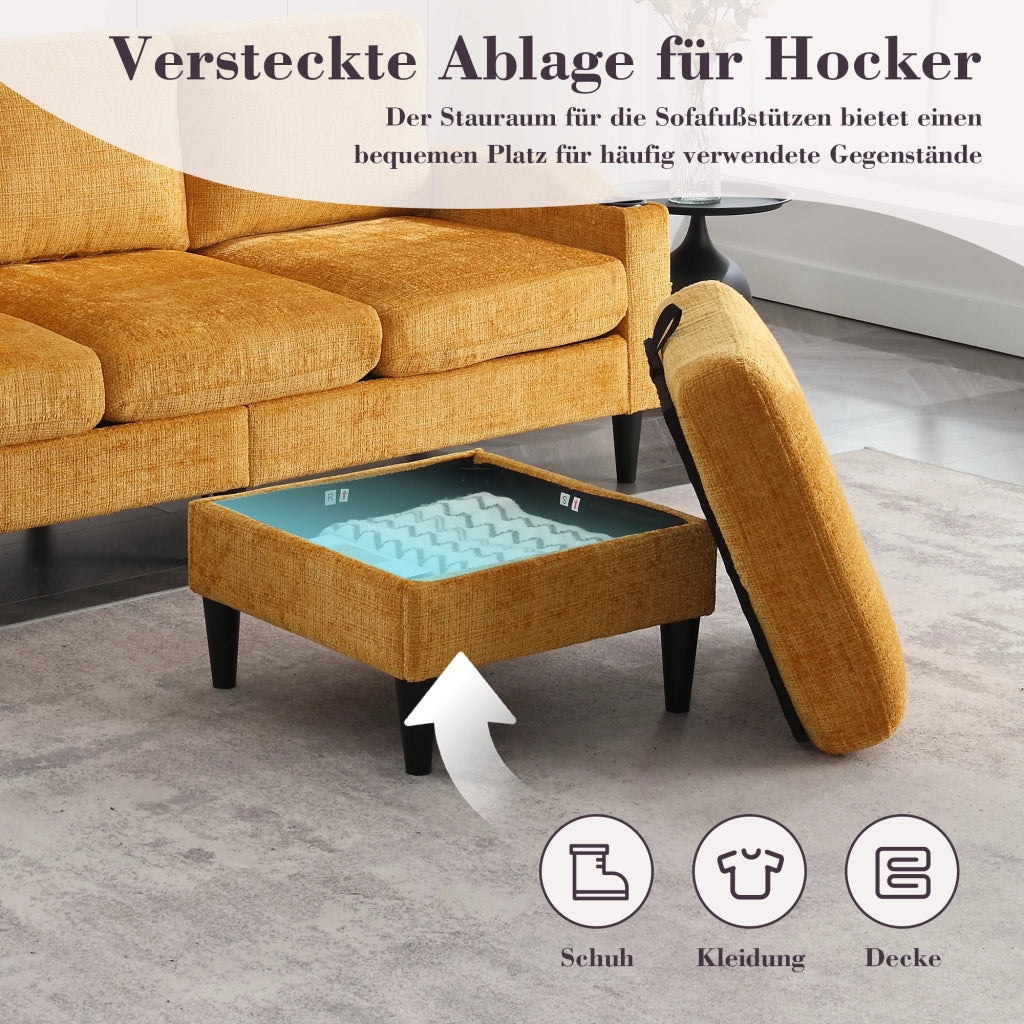 Divano a 4 Posti con Pouf Contenitore; Portabicchieri e Tasche Laterali; in Ciniglia Gialla; 196;5 x 75 x 77 cm