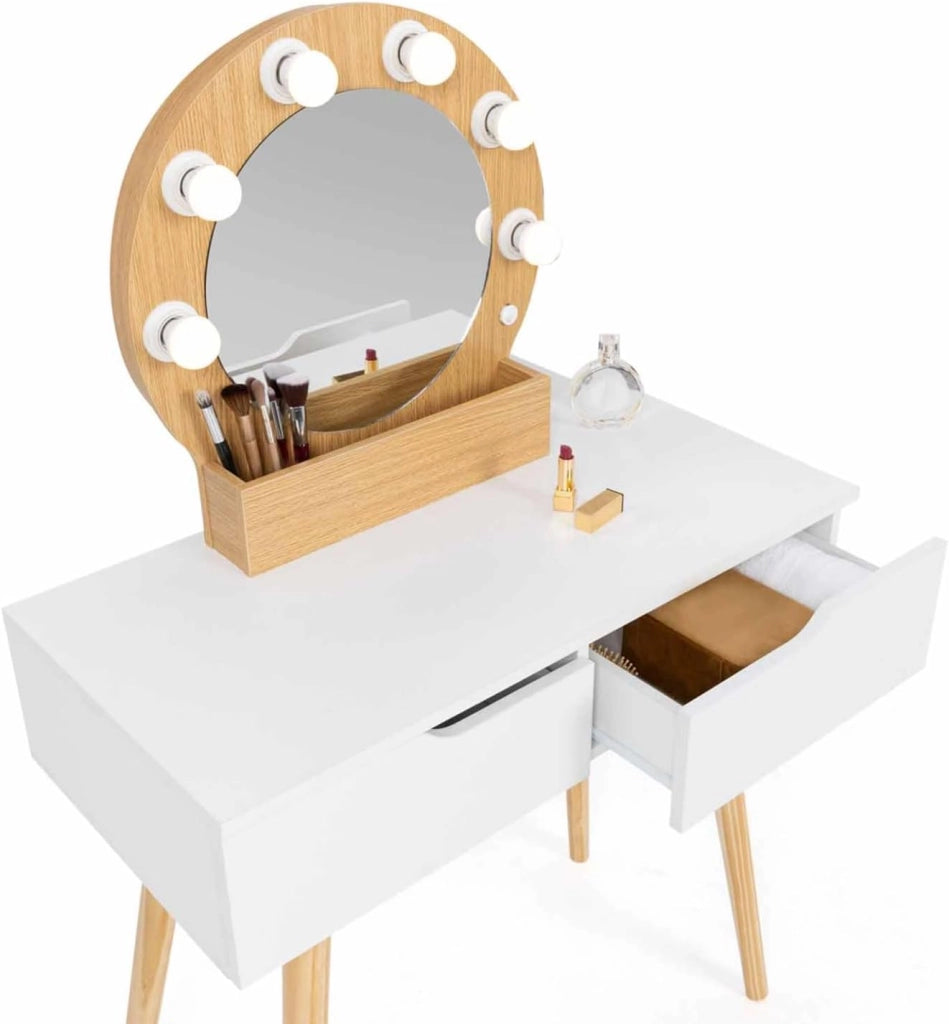 Toeletta con specchio e 2 cassetti scandinavo in legno e bianco con specchio HORIA