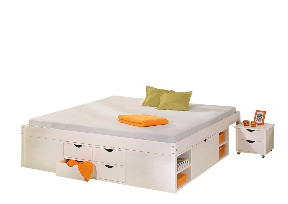 LETTO TILL + VANI CONTENITORE + COMODINO CON RUOTE 186x209x47,5H PINO MASSELLO VERNICIATO AD ACQUA BIANCO DOGHE INCLUSE
