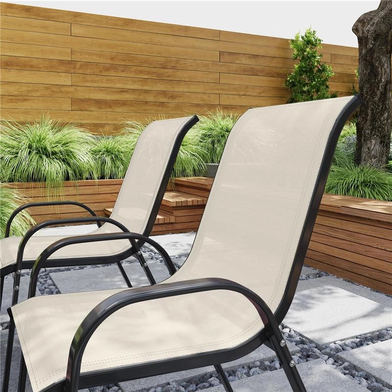SET 4 SEDIE DA GIARDINO IMPILABILI CON BRACCIOLI CURVI, IN ACCIAIO E TESSUTO TRASPIRANTE, 54X71X93 CM, BEIGE