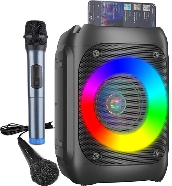 Karaoke Machine Portatile con Microfono Senza Fili Systeem di Karaoke Professionale Supporto a LED Bluetooth/TF/USB/AUX/FM/TWS
