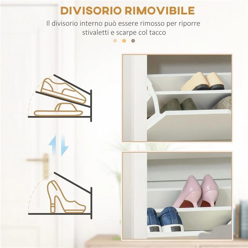 SCARPIERA MODERNA PER 12 PAIA MAX CON 2 CASSETTI REGOLABILI E RIMOVIBILI IN LEGNO 72X26X80 CM BIANCO