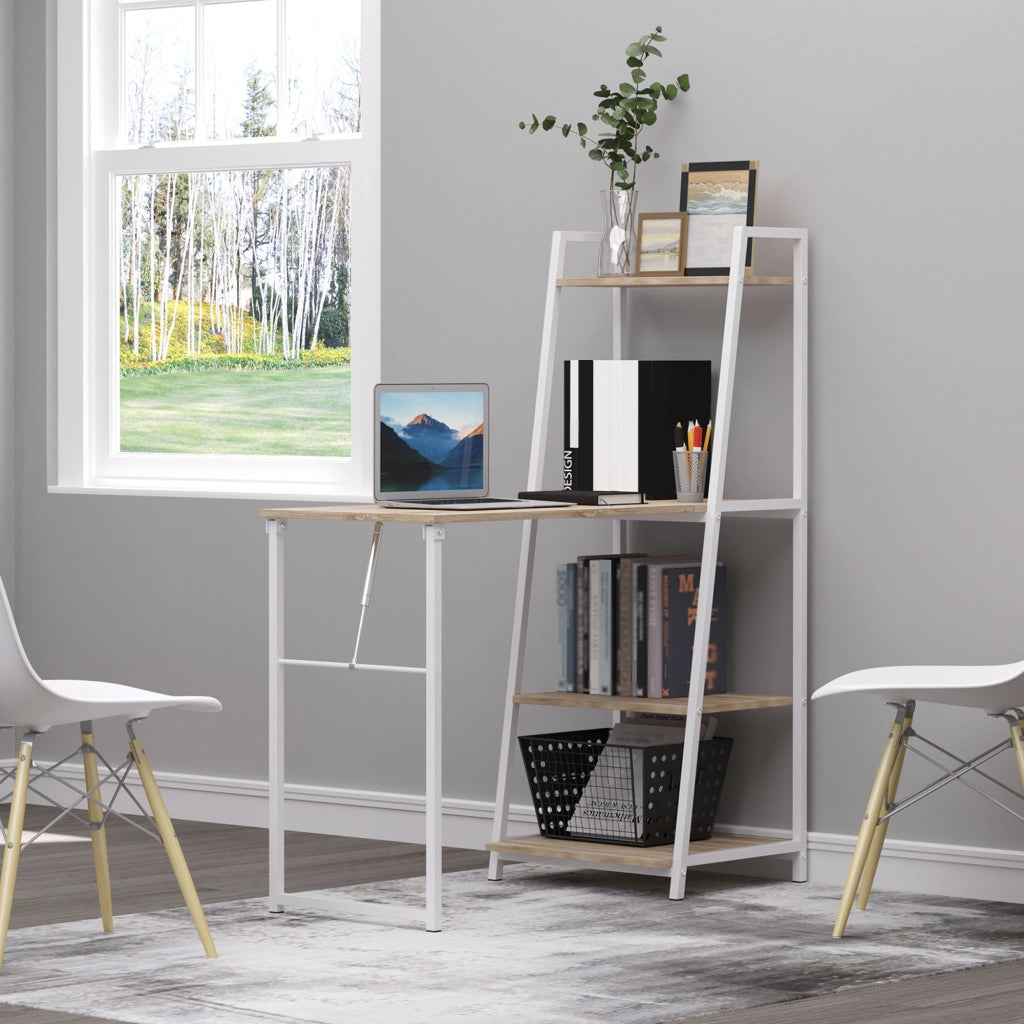 Scrivania Pieghevole con Libreria ¨C zephmum ¨C Legno Rovere Chiaro Metallo Bianco