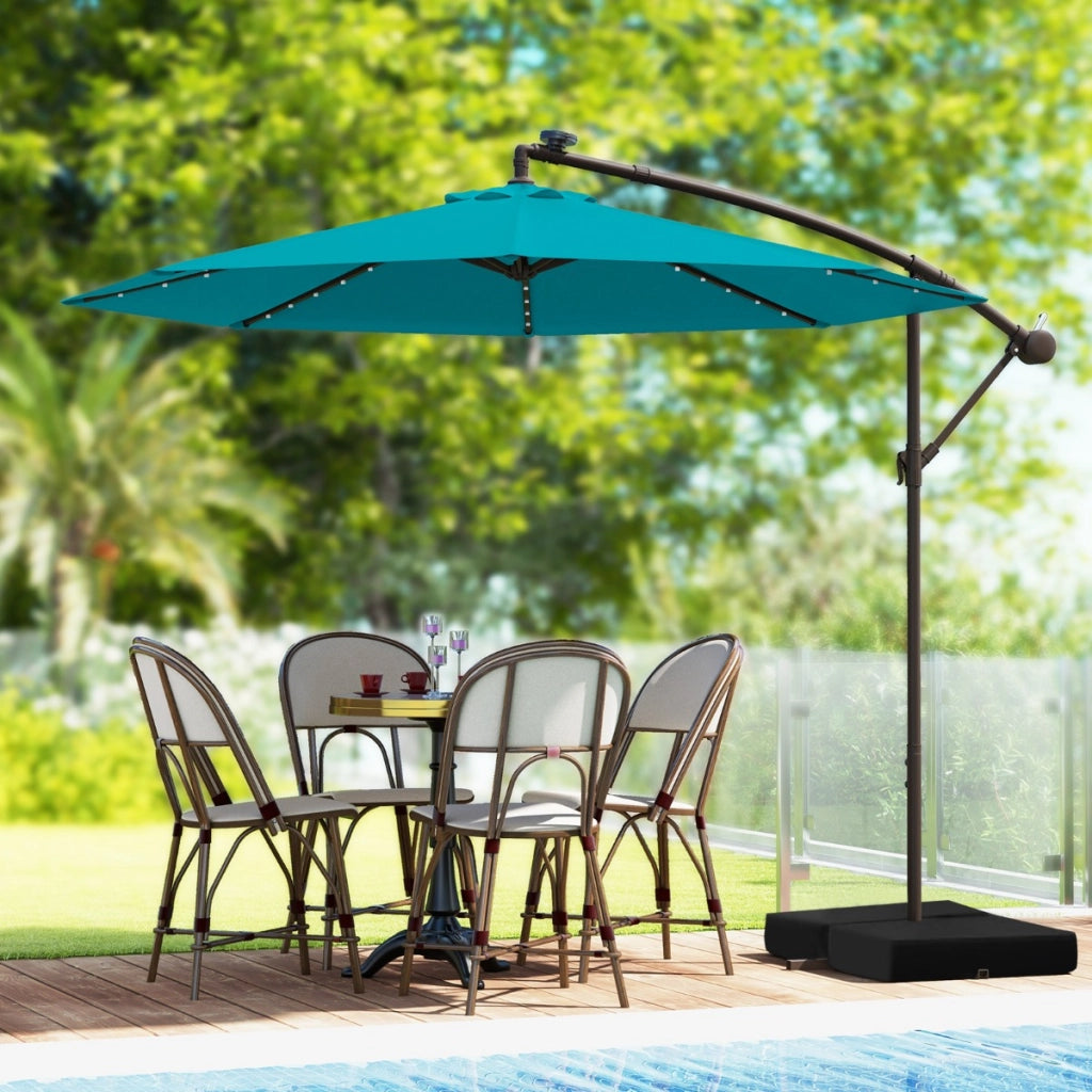 Ombrellone pendente da 3m con 32 luci LED pannello solare batterie sacco di sabbia, Ombrellone da esterno Azzurro-Ombrelloni