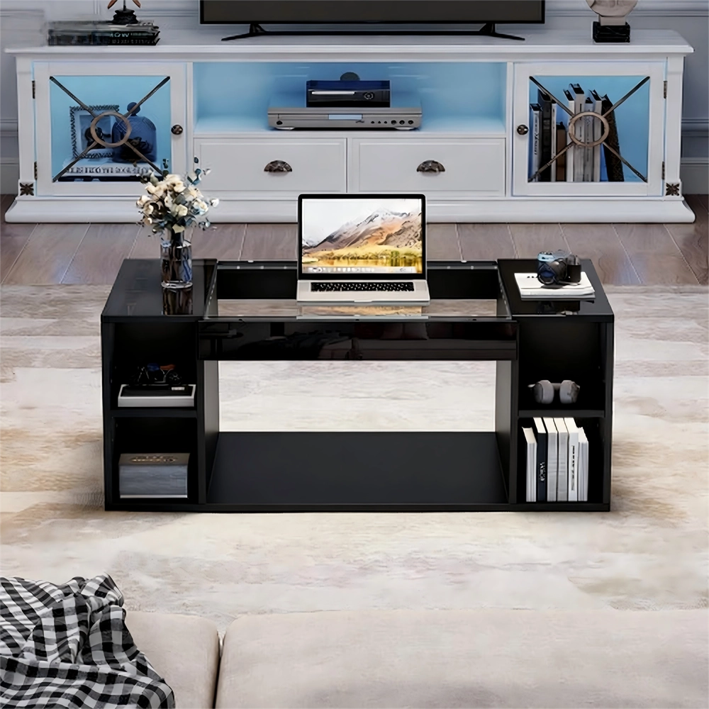 Tavolino da Caff¨¨ con Piano in Vetro Temperato e LED ¨C MINIMAL ¨C Nero, MDF, 100x50x40