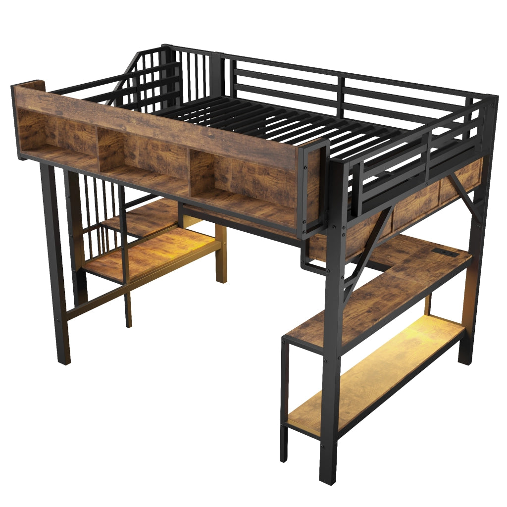 Letto a soppalco 140x200 cm, con scrivania ad angolo, porta USB/Type-C, lampada a LED, nero e marrone