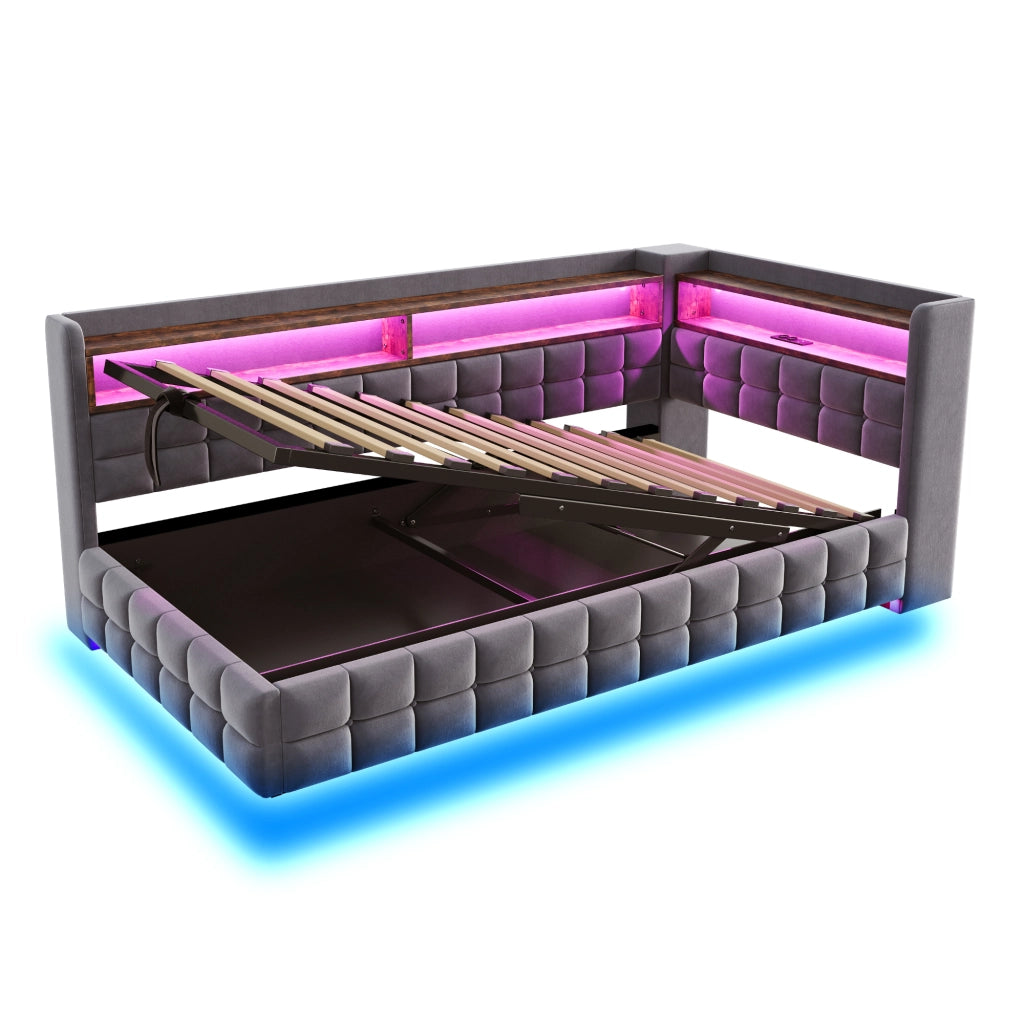 Letto imbottito singolo 90×200 cm con contenitore; LED; USB; tipo C; ripiani; senza materasso; grigio