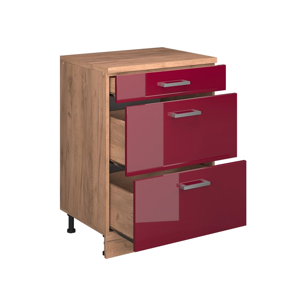 Mobile cucina sottotetto R-Line Rosso lucido/Rovere dorato 60 cm senza inclinazione con 3 cassetti Vicco