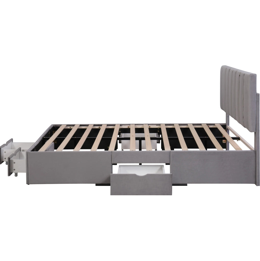 Letto imbottito 160x200 cm; testiera regolabile e 4 cassetti; velluto grigio (Senza materasso)