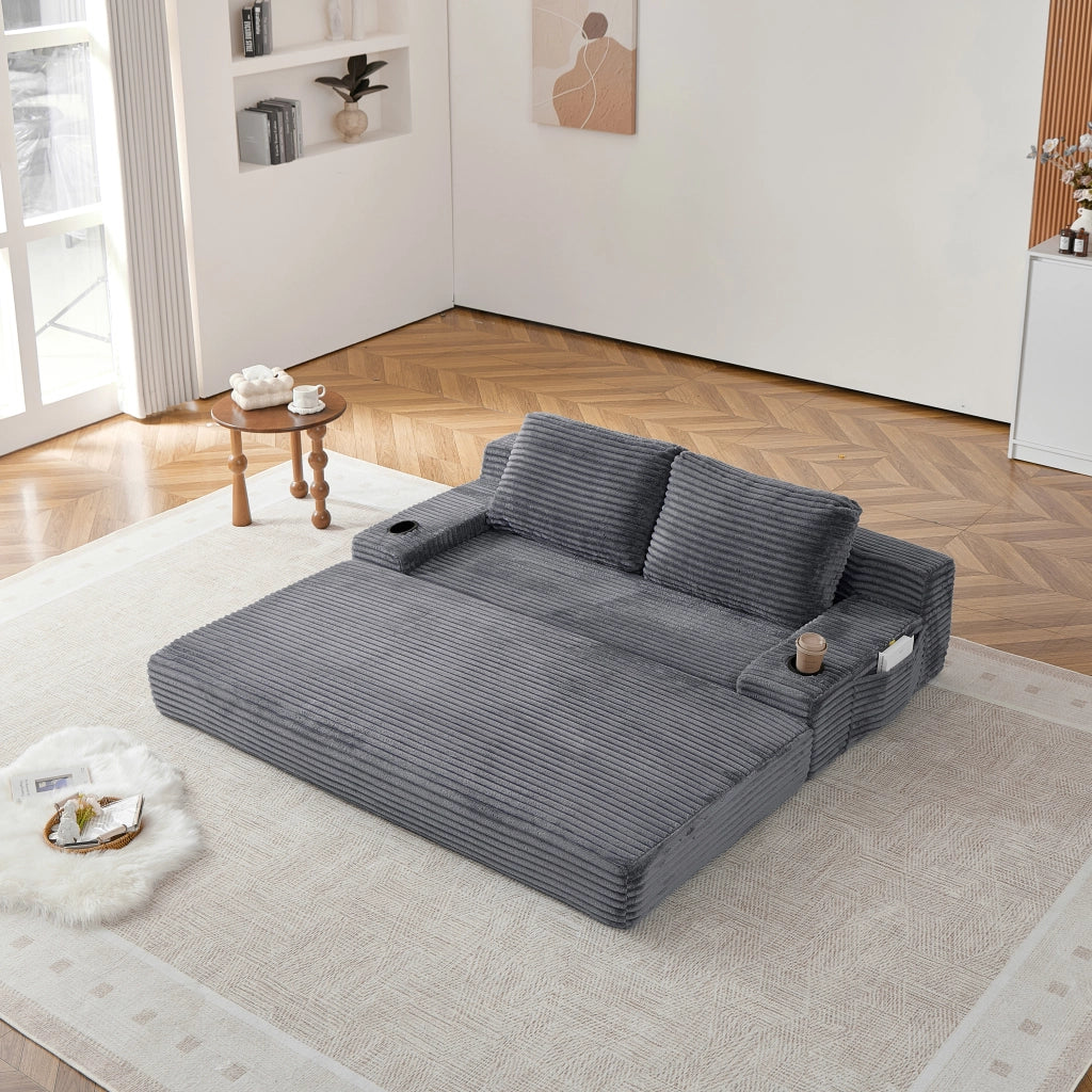 Divano letto 2 in 1 con portabevande in velluto a coste grigio