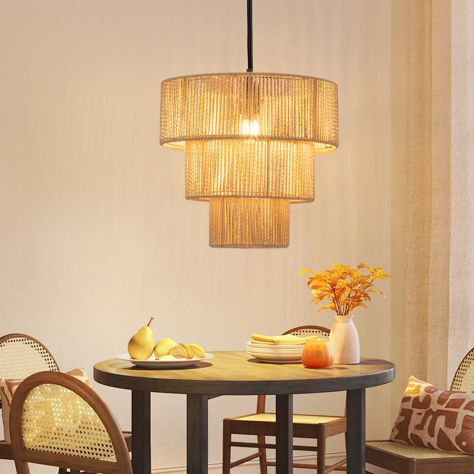 Lampada a sospensione ZMH per sala da pranzo 1 fiamma in rattan beige stile boho per bar e ristoranti