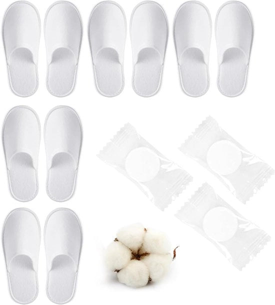 Slipperie Plus - Pantofole per hotel da bagno in cotone bianco, 5 paia + 3 pezzi One Size - con presa d'aria e tovaglia da bagno compressa
