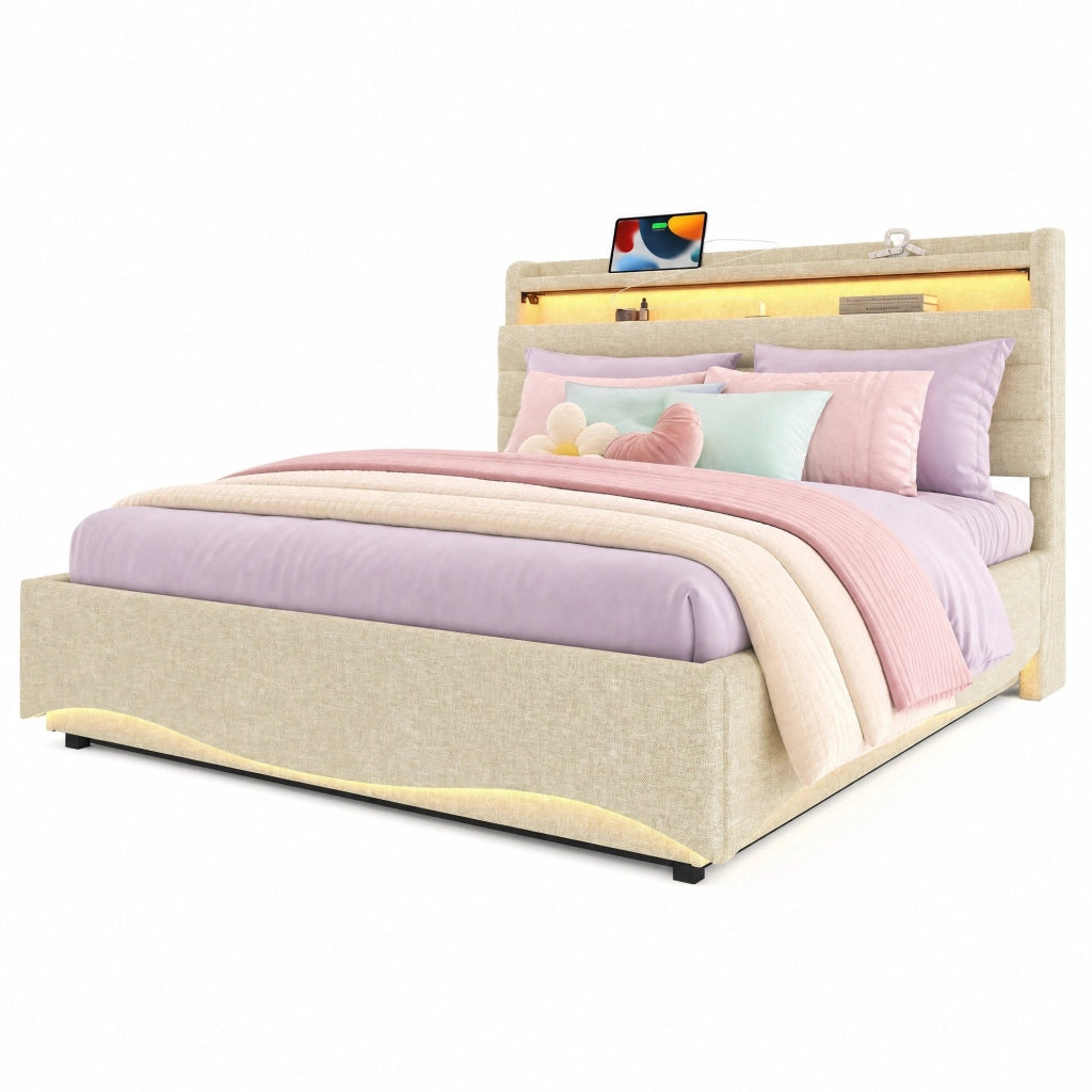 Letto contenitore matrimoniale 140x200 cm con LED; porte USB e Type-C; lino beige