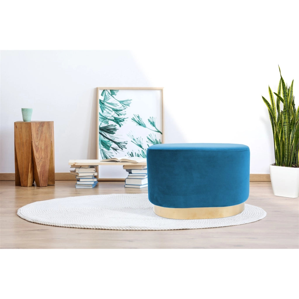 Pouf ovale Nano in velluto blu con base dorata
