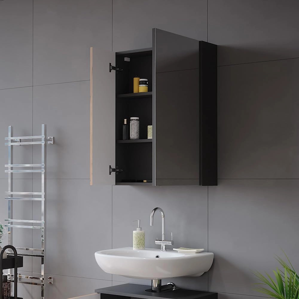 Mobile a specchio per bagno Irma, Antracite/quercia dorata, 60 x 75 cm, per montaggio a parete con superficie a specchio integrata