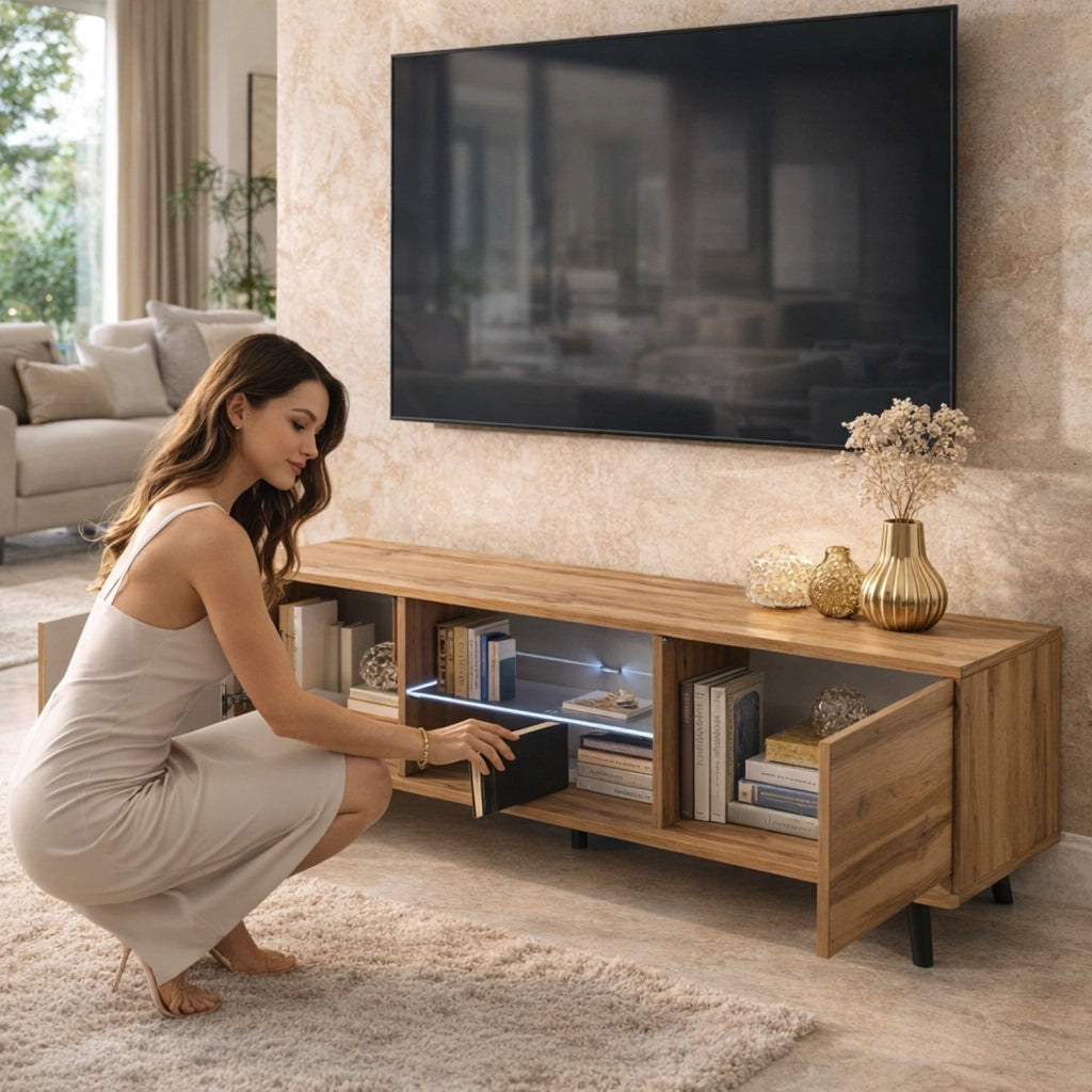 Mobile TV Con 2 Ante Battenti Vano Centrale Con Ripiano In Vetro E LED Porta Televisore In Melaminico Piedini In Metallo Per Soggiorno Salotto Zona Living 140 X 31.5 X 40 Cm Rovere