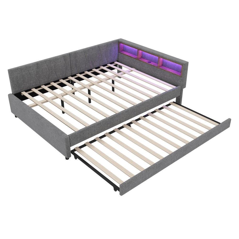 Letto Divano con Rete a Doghe, LED e USB ¨C MINIMAL ¨C Grigio, Tessuto, 140x200
