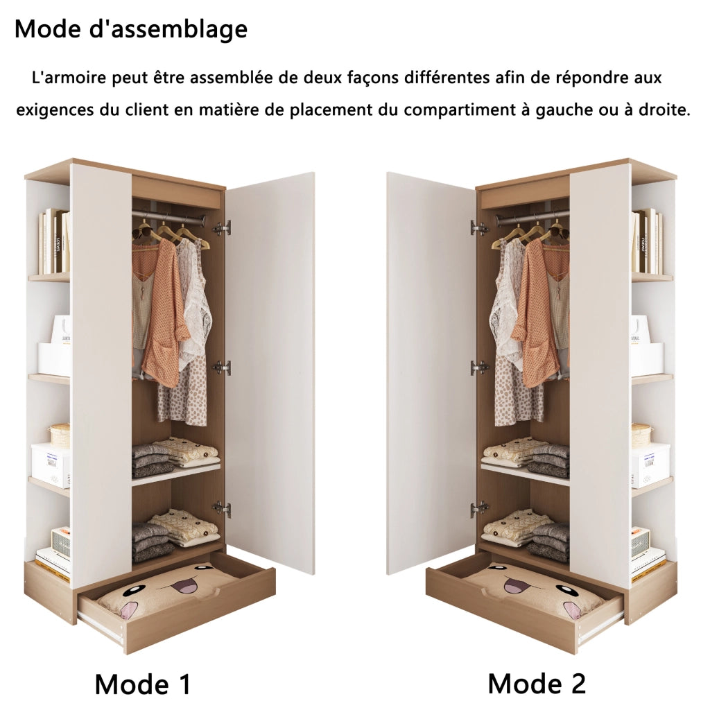 Armadio guardaroba a 1 anta 70x40x170 cm in legno naturale e bianco