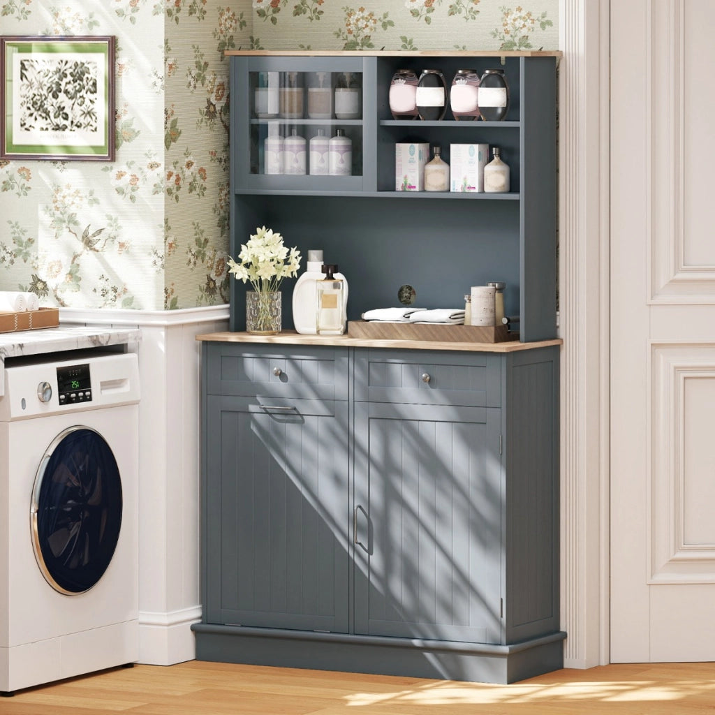 Armadio per rifiuti inclinato alto da cucina con pattumiera, Armadio per rifiuti doppio inclinazione piano gomma Grigio-Organizzazione della cucina