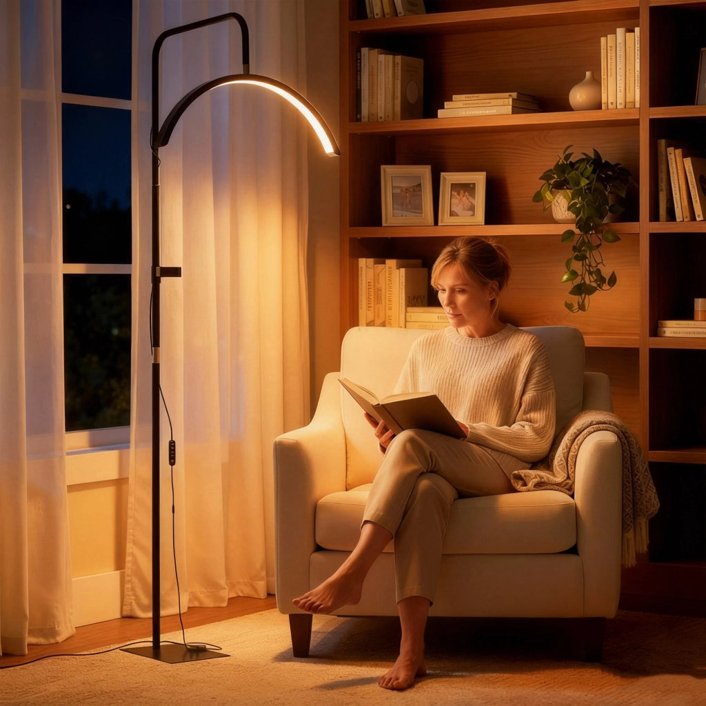 Lampada da Terra LED con Testa a Mezza Luna, Altezza e Temperatura Colore Regolabili, Telecomando, Nero