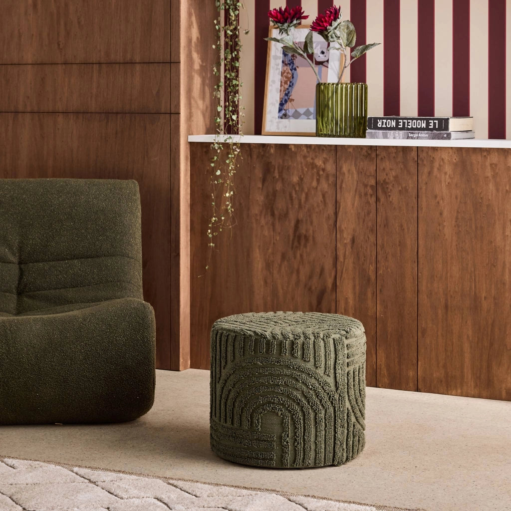 Pouf rotondo in bouclé testurizzato, verde kaki