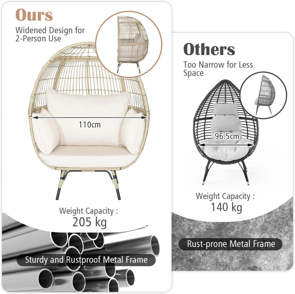 Poltrona da Esterno in Rattan Boho Chic, Portata fino a 180 kg Poltrona da Giardino con Cuscini, Sedia a Forma di Uovo con Struttura in Metallo, Divano per Soggiorno, Terrazza, Marrone