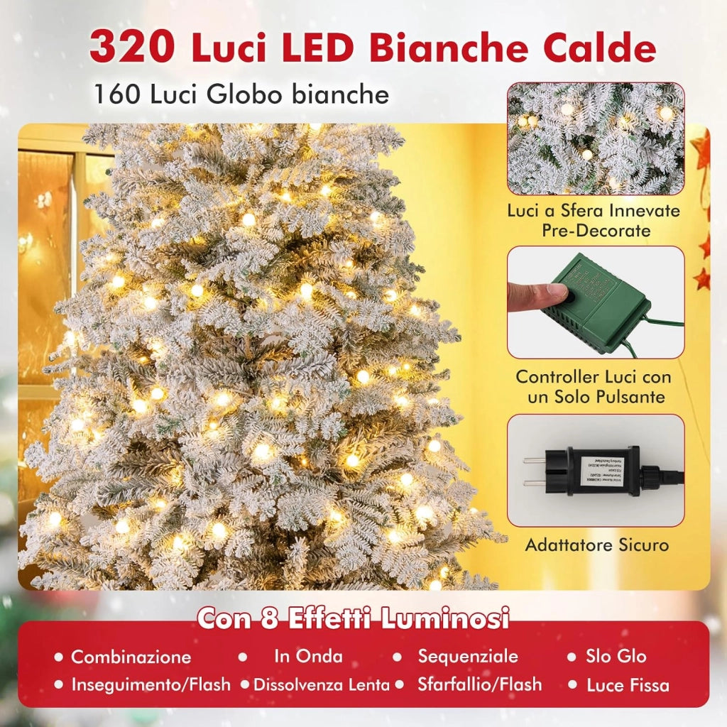 Albero di Natale Innevato 210 cm, Albero di Natale Artificiale con 320 Luci LED, 160 Palline, 806 Rami, 8 Modalità di Illuminazione, Decorazione Natalizia per Festa (210 cm)
