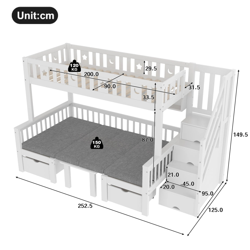 Letto a soppalco multifunzionale 90x200 cm con scrivania pieghevole e scala contenitore