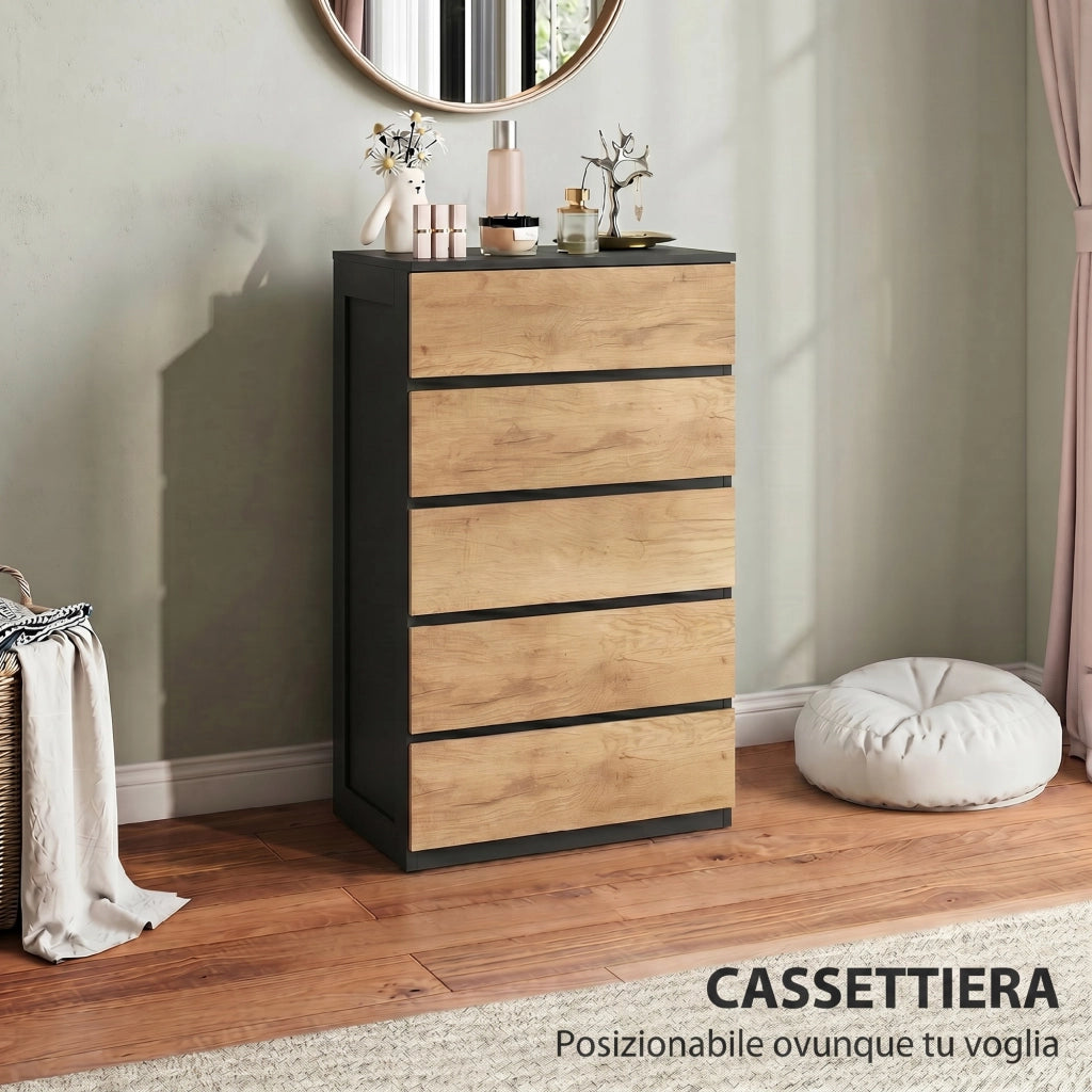 Cassettiera 5 Cassetti 60x39x100 cm con Guide in Metallo e Maniglie Scanalate in Legno Nero e Rovere