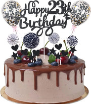 Decorazione di compleanno per torta, topper di torta per uomo e donna, 23 anni, decorazione di compleanno felice, nero.