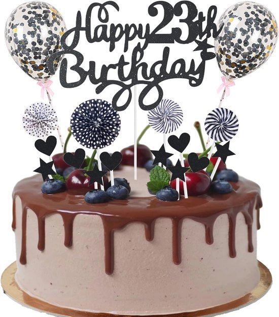 Decorazione di compleanno per torta, topper di torta per uomo e donna, 23 anni, decorazione di compleanno felice, nero.