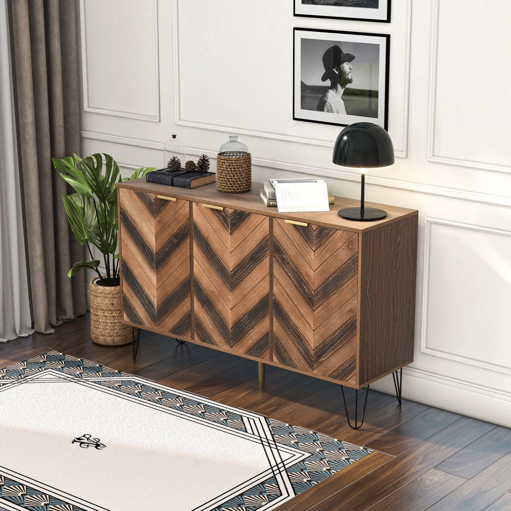 OKWISH Credenza Contenitore con 3 Ante e Ripiani Interni, Maniglie Dorate, Gambe in Ferro, per Soggiorno 120 x 38 x 76.5 cm