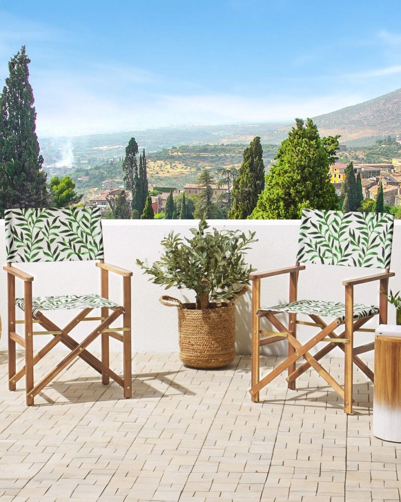 Set di 2 sedie da regista da giardino in legno chiaro con foglie di acacia bianco sporco tessuto sostitutivo pieghevole con 2 Tele intercambiabili
