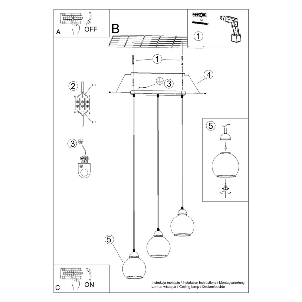 Lampadario Pure Lume Rovano nero 3 luci sfere fumé E27