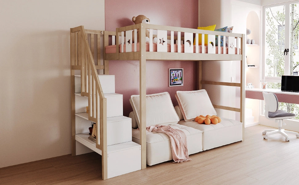 Letto a castello in legno massello bianco e naturale con scala spazio di stoccaggio 90x200cm